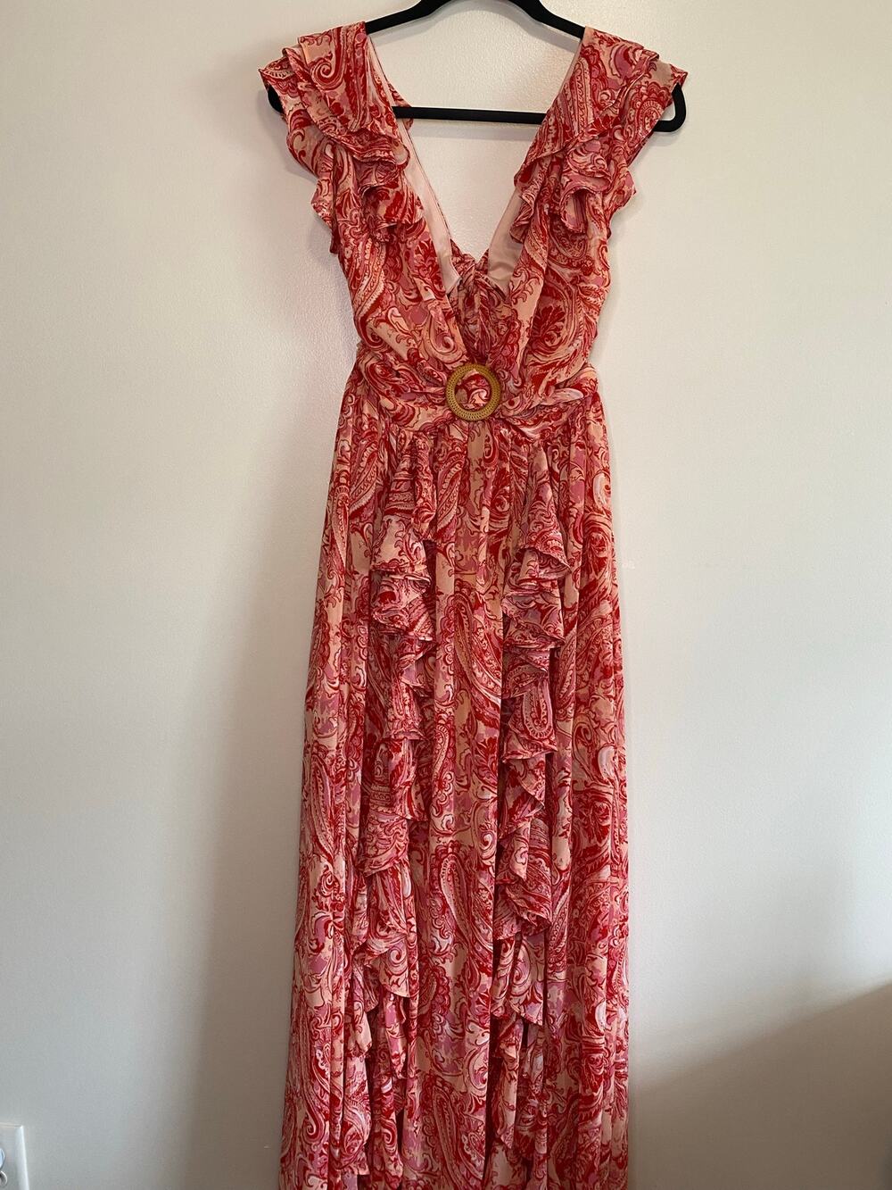 Vici Women's M Red Soleil Printed Cutout Ruffle Maxi Dress Flirty Feminine Beach
